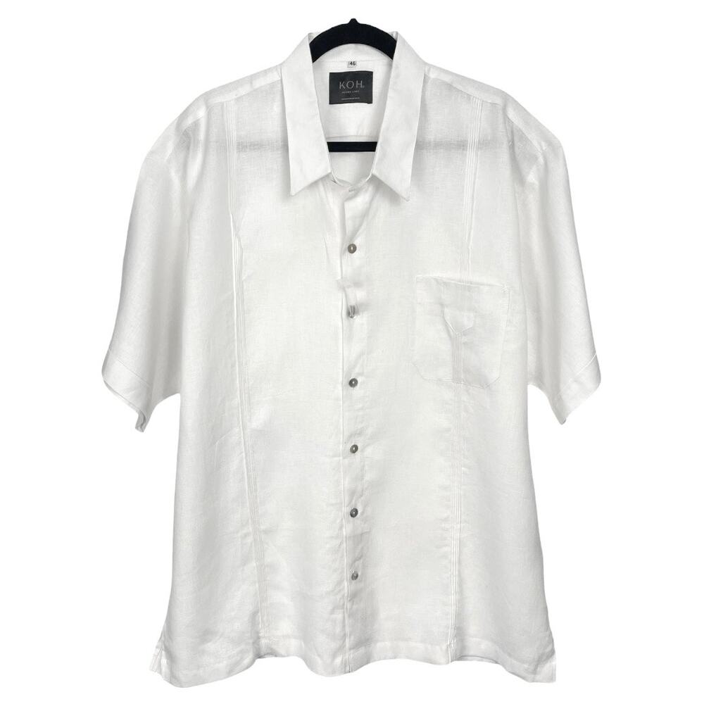 NWOT KOH Men's 100% LINEN ISLAND BEACH SHIRT White BUTTON FRONT Size 46 (XL)